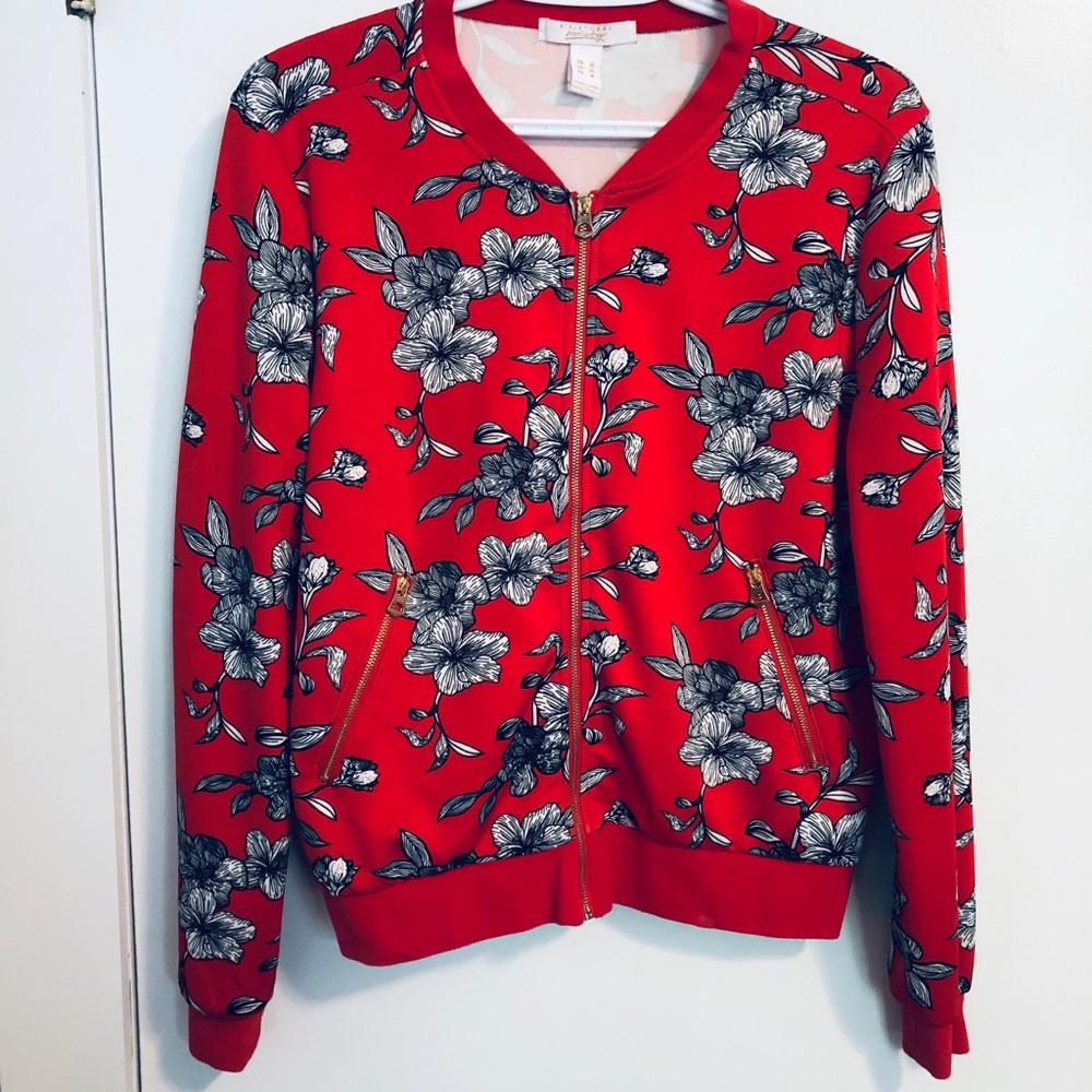Floral red zip up bomber